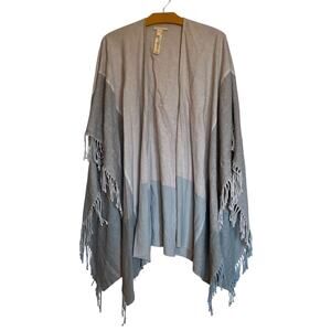 Eileen Fisher Poncho Fringe Kimono Wrap Shawl Recycled Cotton Gray Color Block